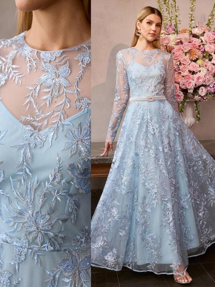 MOTF Soiréza Abito da sera lungo in tulle ricamato con paillettes per donna