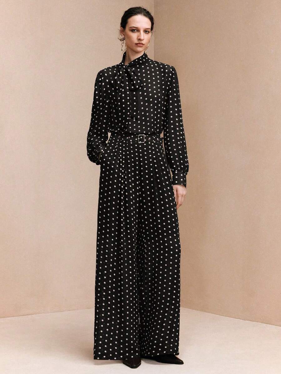 Arave 女士珍珠雪纺常规肩部收腰立领飘逸泡泡袖高腰褶裥直筒裤套装，优雅约会装扮 - 黑色 - 查看 1