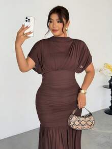 Firerie Đầm thời trang thanh lịch, tinh tế, lãng mạn và quyến rũ dành cho nữ cỡ lớn, thích hợp cho Ngày Valentine, đám cưới, các dịp lễ hội, với lớp vải voan mỏng phủ ngoài, màu nâu. - màu nâu - Xem 4