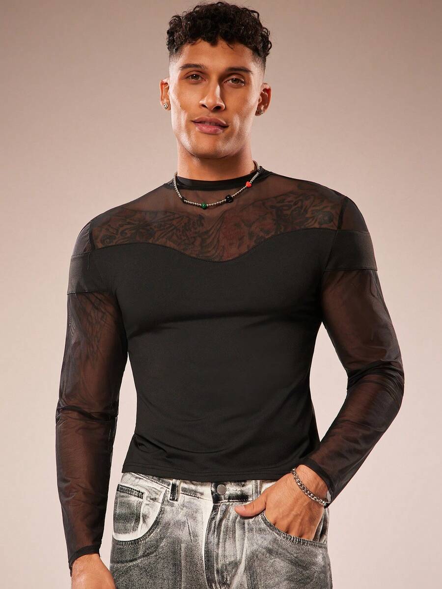 FeverCity Men's Semi-Transparent Mesh Patchwork Round Neck Pullover Long-Sleeved T-Shirt - Black - View 1