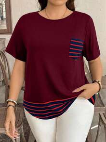 SHEIN LUNE Kaos Lengan Pendek Kasual Kerah Bulat dengan Saku Tempel Motif Garis Ukuran Besar - Burgundy - View 1