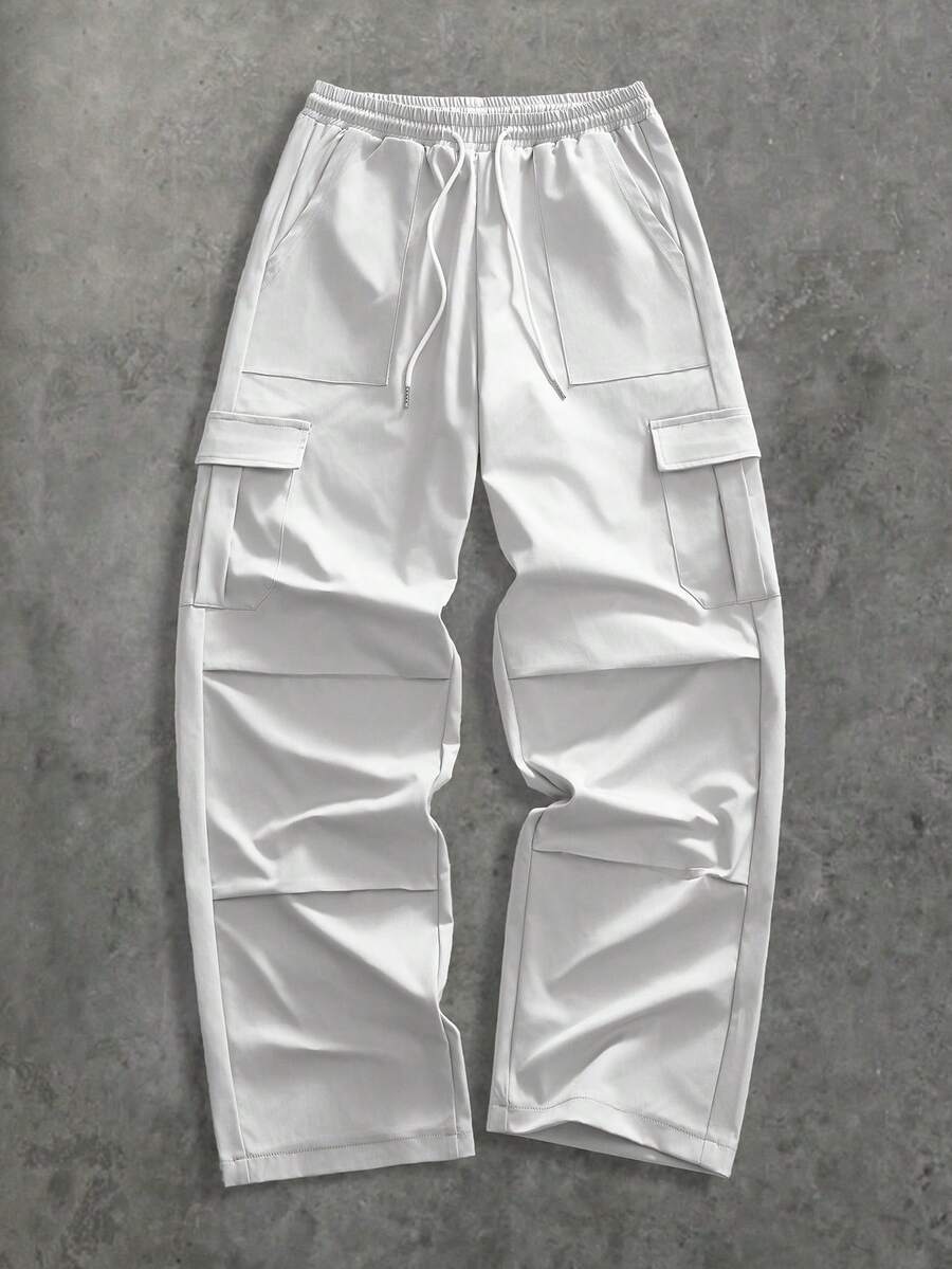 HIMLAND Men's Casual Multi-Pocket Elastic Waist Drawstring Design Pants - Light Grey - View 1