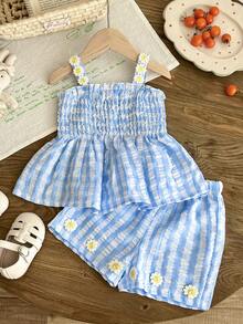 SHEIN 2件套女婴幼儿/新生儿0-3岁休闲日常可爱度假条纹蝴蝶结装饰吊带背心+短裤套装，春夏款 - 藍色 - 查看 7