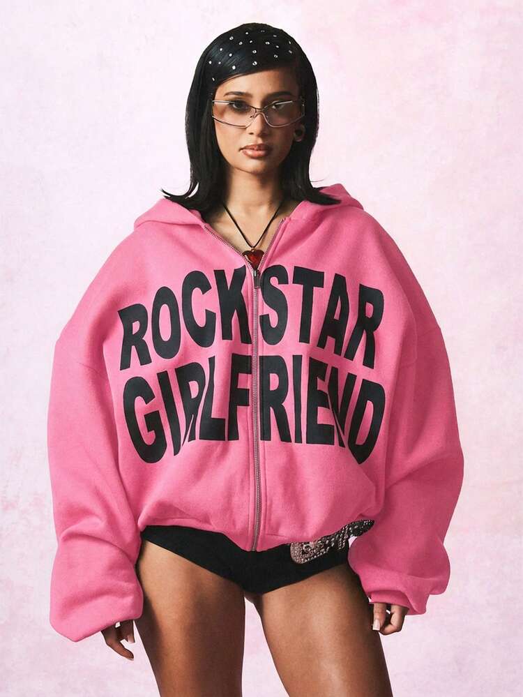 SUMWON WOMEN Oversized Graphic Zip Up Hoodie With Text Print