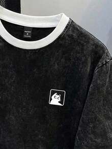 Manfinity Joysei Áo thun nam màu đen mài bạc, cỡ tiêu chuẩn, viền tay áo màu trắng. - màu đen - Xem 2