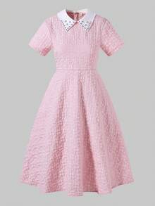 SHEIN ChillGRL Diamond Collar, Jacquard Textured Fabric, French Style, A-Line Maxi Skirt, Elegant High Waist Snug Fit, Fashionable & Graceful For Teenage Girls In Summer - Pink - View 10