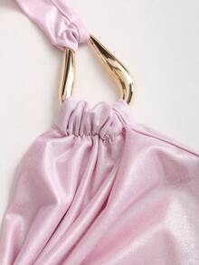 Sweetra Women's Solid Color Halter Neck Metal Decor Ruched Sexy Versatile Top For Dates & Outings - Pink - View 3