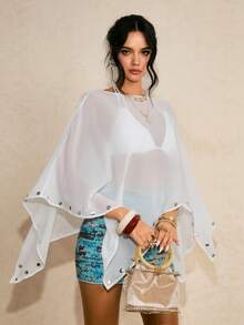 Poéselle 女士时尚薄纱不对称披肩式上衣，白色上衣，外出上衣，可爱夏季上衣，女士度假装扮，女士假日装扮，女士沙滩装扮，女士春夏白色薄纱罩衫，女士泳装罩衫，白色沙滩罩衫，白色泳装罩衫，和服式罩衫 - 白色 - 查看 3