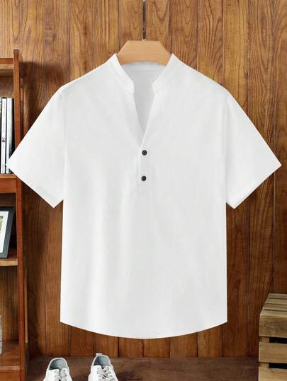 HIMLAND Men's Casual Solid Color Short Sleeve Shirt, Summer , Men's Summer White Linen Beach Top ,Casual V-Neck Henley Short Sleeve Shirt ,Hippie Bohemian Style Loose Fit Blouse ,Lightweight Breathable Yoga Clothing Men ,Solid Color Grandad Collar Tee ,Soft Comfortable Lounge Wear For Guys ,Retro Button Placket T-Shirt ,Men's Breathable Linen Look V-Neck Tee - The Perfect White Shirt ,Men Shirts V Neck Men Shirt Men S Collar Dress Shirts Short Sleeve Half Button Shirt Men Men Tops Men Summer Top