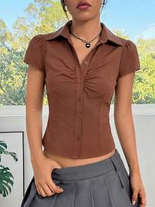 SHEIN EZwear 女士纯色翻领褶皱后背系带修身休闲/工作短袖衬衫 - 棕色 - 查看 4