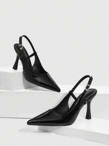 CUCCOO SZL 女士尖头细高跟黑色后系带露跟高跟鞋 简约优雅时尚性感派对宴会女士高跟鞋 女鞋 - `鏡面黑色 - 查看 2