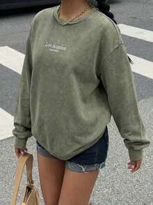 Muchica Casual Washed Military Green Long Sleeve T-Shirt For Women, Spring/Autumn - Army Green - View 4