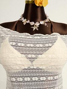 Zestiva 女士夏季沙滩三件套：蕾丝提花网纱三角系带上衣、侧边系带长裤、不对称网纱T恤、泳装套装 - 米色 - 查看 6