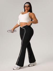 SHEIN Sports 大码女式V腰修身休闲百搭运动紧身裤 - 黑與白 - 查看 6