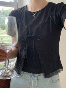 DAZY Women's 2 In 1 Lace Patchwork Round Neck Short Sleeve T-Shirt Summer - Black - View 4