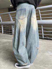 Ngobest Haus Ngobest Haus 1 pieza Pantalones vaqueros de pierna ancha con estilo japonés y parches desgastados para hombres, pantalones casuales largos sueltos con lavado vintage y rotos (no incluye cinturón ni accesorios) - Azul - Ver 2