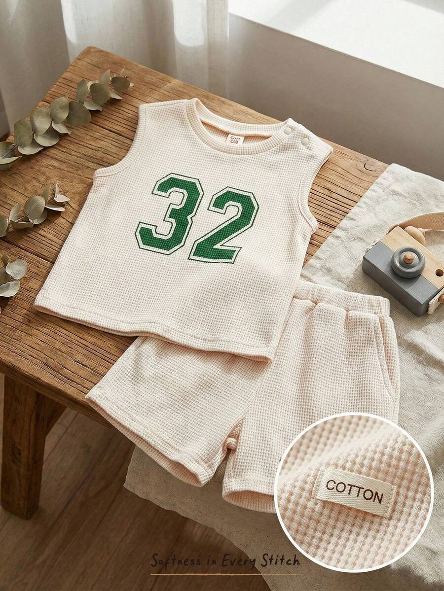 Cozy Pixies 男婴字母印花圆领无袖上衣和休闲短裤两件套 - 杏色 - 查看 1