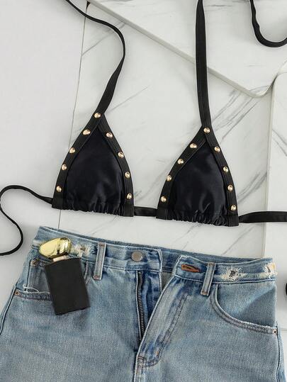 SHEIN Swim Women's Sexy European And American Style Music Festival Party Daring Avant-Garde Outdoor Vacation Studded Decor Solid Color Spaghetti Strap Triangle Cup Backless One-Piece Swimsuit, Suitable For Spring Break, Autumn, Summer Beach