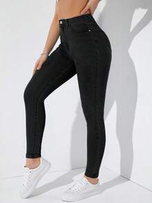 Jeanoix 女士休闲日常通勤修身紧身牛仔裤 - 黑色 - 查看 4