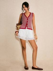 Poéselle Women's Knitted Cardigan, Fashion Spring/Summer New Arrival - Red and White - View 6
