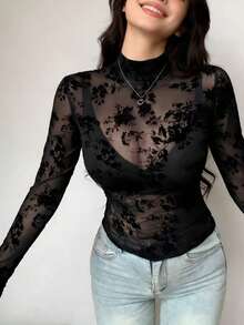 DAZY 女士修身透视蕾丝圆领长袖T恤 - 黑色 - 查看 4