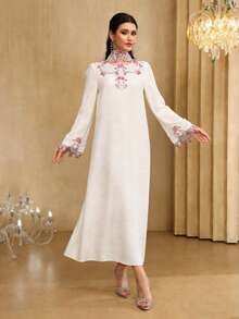 Al Najma Gaun Fashion Longgar Lengan Panjang Chiffon Putih Bordir Terbaru untuk Wanita - Putih - View 5