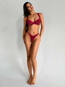 Aloruh Ren hoa Vòng thép Bộ đồ lót - Màu Đỏ Sâu - Xem 4