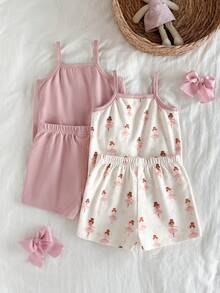 Cozy Pixies 4件套女婴卡通图案针织柔软吊带背心和松紧腰短裤套装 - 彩色 - 查看 6