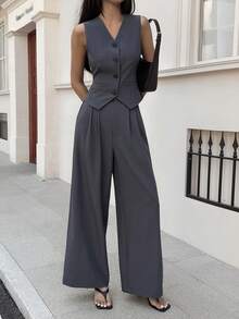 Livesso Women's Elegant Commuter Sleeveless Vest Top And Casual Pants 2 Pieces Set, Spring - Grey - View 5
