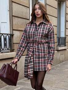 Pariaura 2025秋冬新款长袖衬衫搭配复古收腰侧拉链半身裙套装，通勤和返校皆宜的百搭单品 - 彩色 - 查看 3