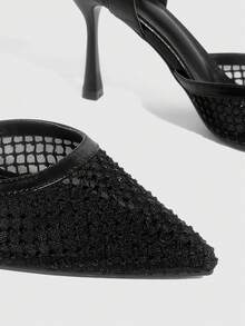 CUCCOO SZL Women's Pointed Toe High Heel Black Rhinestone Mesh Fashionable Sexy Party Wedding Ankle Strap Pumps Spring Shoes - Black - View 6