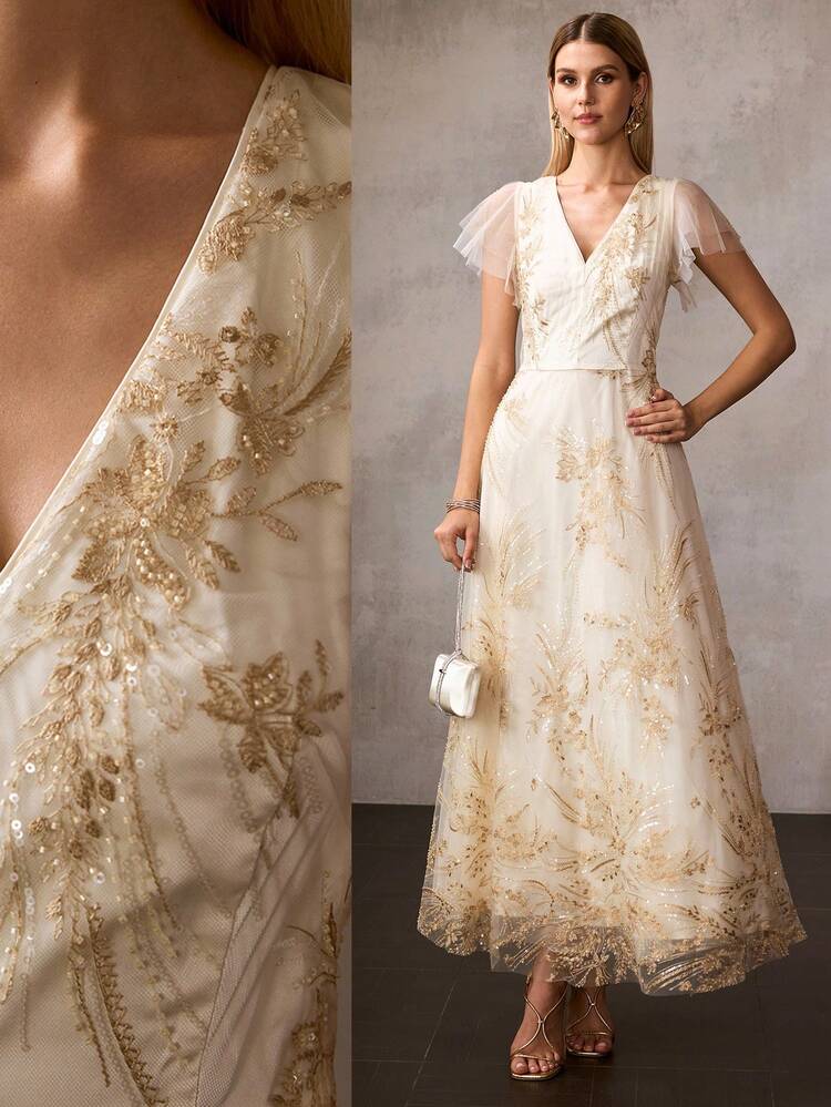 MOTF Soiréza WOMEN'S SPRING SEQUIN EMBROIDERED ROMANTIC FLARE HEM MESH PARTY DRESS