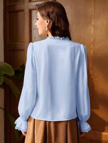 Vintamour 复古优雅女士蕾丝拼接V领衬衫，适合工作、返校、教师等场合，复古长袖纽扣衬衫 - 淺藍色 - 查看 5