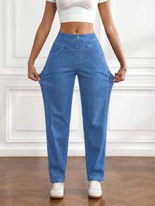 SHEIN Unity Women's Pocket Button Casual Versatile Daily Wear Wide Leg Jeans - Light Wash - View 5