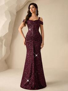 Coutiva 优雅亮片装饰连衣裙，高端宴会正式礼服 - 酒紅色 - 查看 7