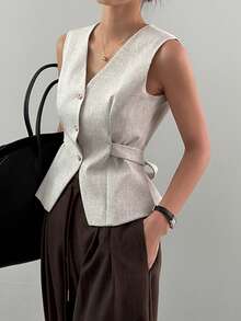 DAZY Women's V-Neck Sleeveless Backwaist Tie Urban Casual Thin Blazer - Khaki - View 5