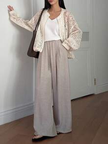 DAZY Áo khoác ngắn nữ dáng rộng cổ tròn tay dài chất liệu ren, kiểu dáng thường ngày. - Màu be - Xem 5