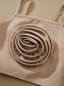 SHEIN 3 Stücke/Set Outfit für Kleine Mädchen: Kurze Jacke mit Hemdkragen + Camisole mit Blumenapplikation + Weite Hose, 4-Jahreszeiten Set - Khaki - Übersicht 5