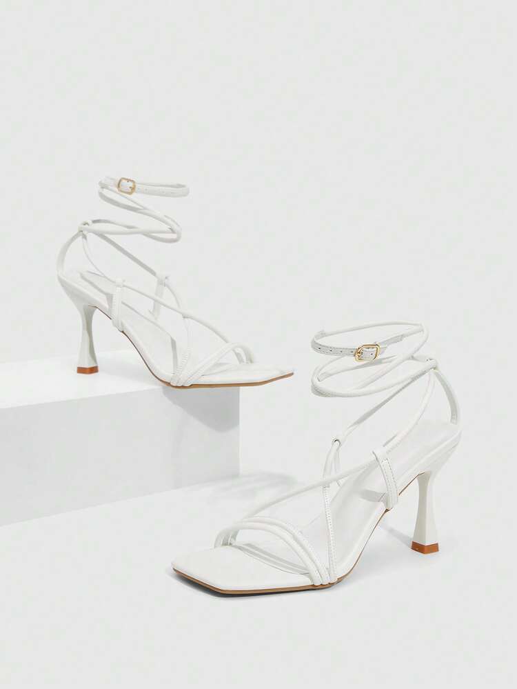 CUCCOO SZL Women's Fashionable Square Toe Thin High Heel White Strap Sandals, Sexy For Party, Banquet, Date, Nightclub Prom Heels