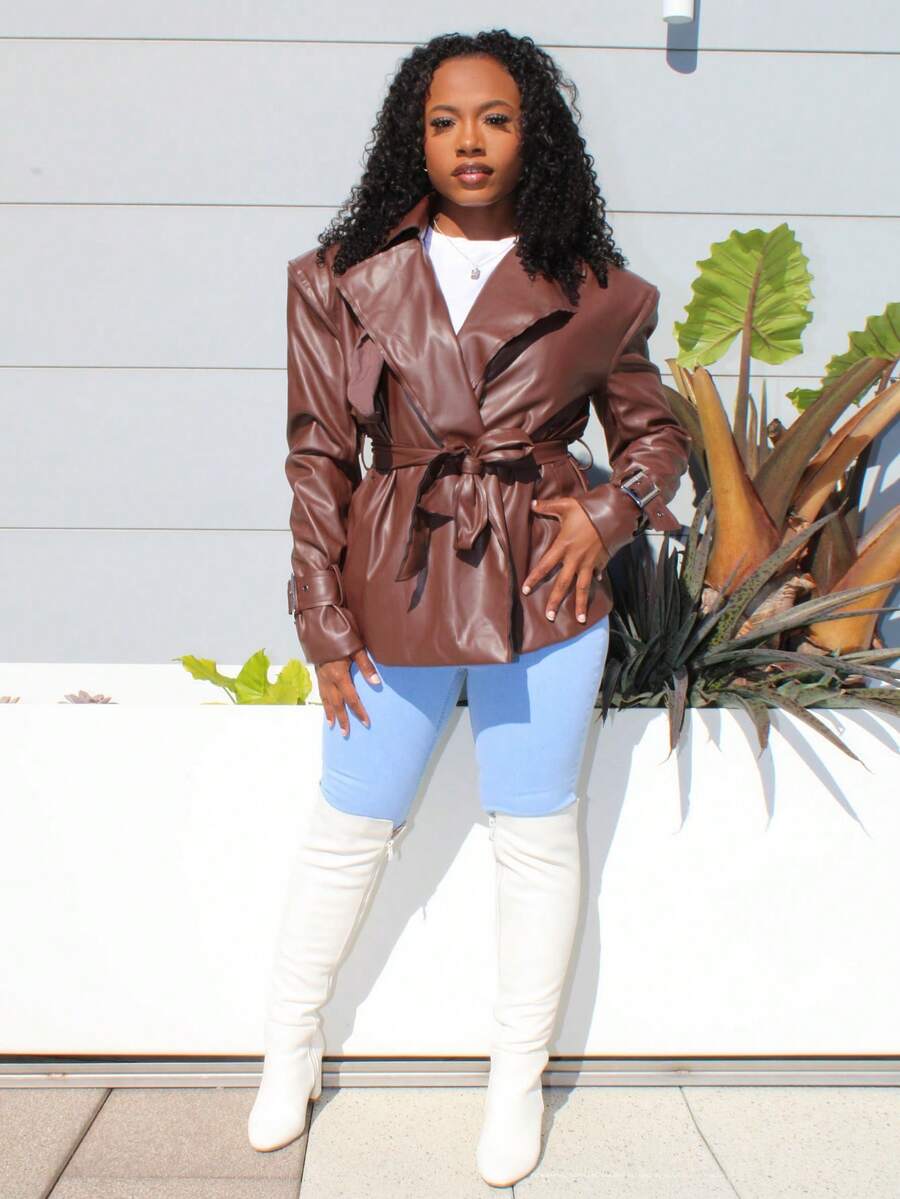 Steph T 女士时尚派对夜出大胆肩部 PU 皮革外套 - 棕色 - 查看 1