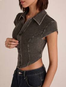 Easelle 女士黑色不对称下摆纽扣领针织衬衫 - 黑色 - 查看 7