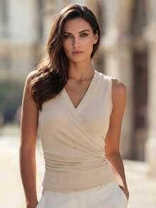 Balvessa Knitted V-Neck Criss-Cross Ruched Sleeveless Cropped Fitted Women Top - Khaki - View 3