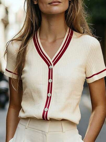 Franclia 女士轻薄V领短袖撞色罗纹修身针织开衫，休闲日常穿着，夏季