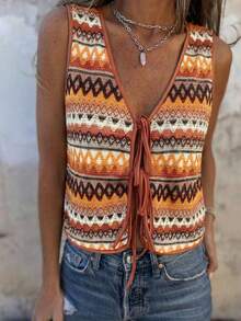 Pariaura 女士休闲性感波西米亚风彩色V领系带无袖背心，夏季上衣，适合海滩度假、春假、音乐节等场合，日常休闲百搭，女士休闲上衣，优雅女士上衣，嬉皮风上衣，波西米亚风夏季上衣，女士波西米亚风上衣，波西米亚风上衣，女士夏季上衣，女士休闲上衣，波西米亚风背心，女士波西米亚风钩针背心 - 彩色 - 查看 1