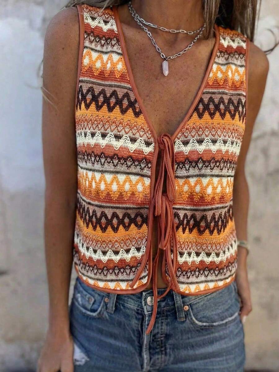 Pariaura 女士休闲性感波西米亚风彩色V领系带无袖背心，夏季上衣，适合海滩度假、春假、音乐节等场合，日常休闲百搭，女士休闲上衣，优雅女士上衣，嬉皮风上衣，波西米亚风夏季上衣，女士波西米亚风上衣，波西米亚风上衣，女士夏季上衣，女士休闲上衣，波西米亚风背心，女士波西米亚风钩针背心 - 彩色 - 查看 1