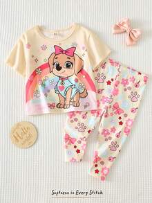 Cozy Pixies 2pcs Baby Girl Animal Print Knit Soft Round Neck Short Sleeve Top And Elastic Waist Pants Set - Multicolor - View 6