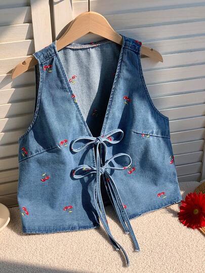 Comfortcana Women's Cherry Print Casual Sleeveless Denim Blouse Summer Tops Spring Outfit Women Easter Top St Patrick's Day Party Top Beach Outfit For Women Going Out Top Holiday Outfits For Women Holiday Outfits Casual Blouse For Women Graphic Top Cute Cherry Pattern Denim Vest Women's V-Neck Sleeveless Crop Top With Front Ties Light Blue Denim