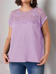SHEIN Clasi Camisa de talla grande de verano, de unicolor, con parches de encaje - Lila Púrpura - Ver 3