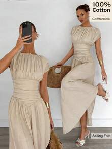 Siren Gaze 女士纯色圆领短袖褶皱腰连衣裙，夏季 - 杏色 - 查看 9