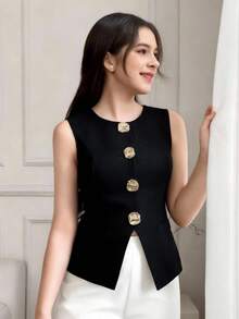 SHEIN 少女黑色梭织无袖衬衫，前开衩设计，金色纽扣装饰，优雅时尚，春夏款 - 黑色 - 查看 4